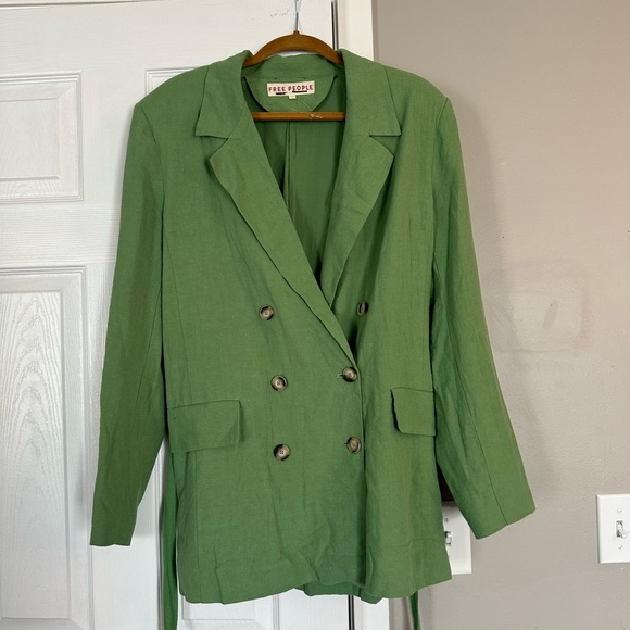 Free People Olivia Linen Blazer Double Breasted Belted Oversized - Picture 2 of 5